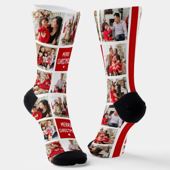 Modern Square Grid 8 Photo Collage Family Friends Socks (Angled)
