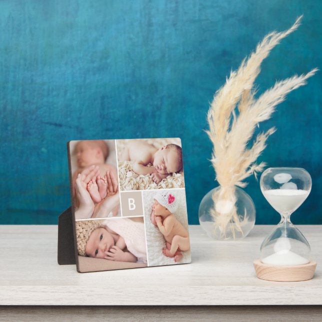 Modern Square Grid Monogram Simple 4 Photo Collage Plaque (Insitu)