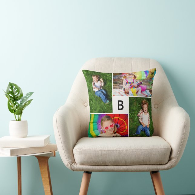 Modern Square Grid Monogram Simple 4 Photo Collage Throw Pillow (Chair)