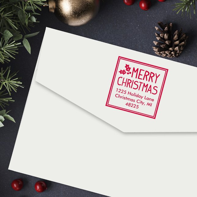 Modern Square Merry Christmas Return Address Self-inking Stamp (Creator Uploaded)