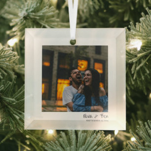 Modern Square Minimal Candid Handwritten Wedding Glass Ornament