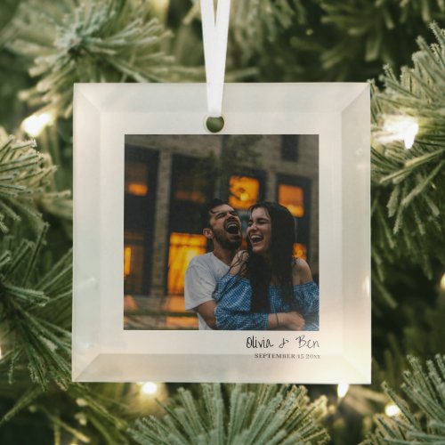 Modern Square Minimal Candid Handwritten Wedding Glass Ornament