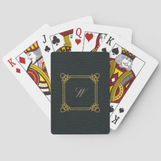 Modern Square Monogram on Dark Leather Poker Cards