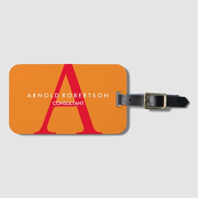Modern Square Monogram Trendy Orange Red Luggage Tag (Front Horizontal)