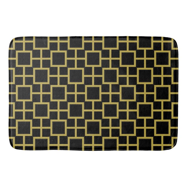 Modern Square Pattern Gold on Black Bath Mat (Front)