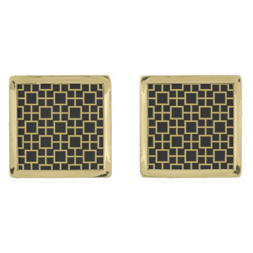 Modern Square Pattern Gold on Black Cufflinks