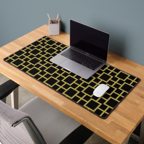 Modern Square Pattern Gold on Black Desk Mat