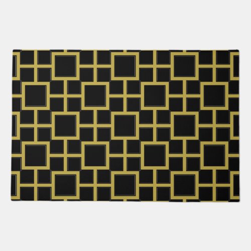 Modern Square Pattern Gold on Black Doormat