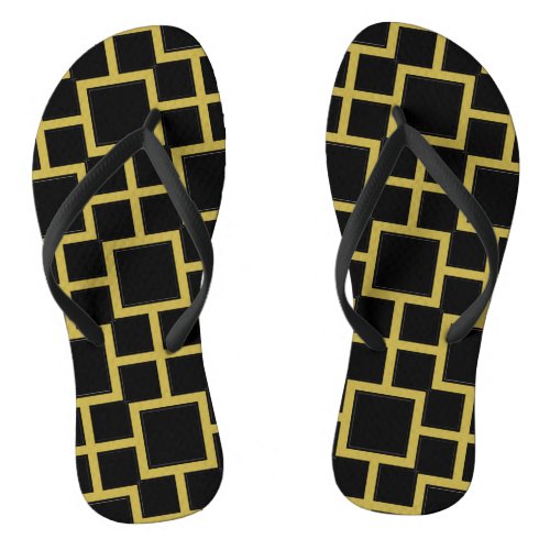 Modern Square Pattern Gold on Black Flip Flops
