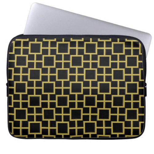 Modern Square Pattern Gold on Black Laptop Sleeve