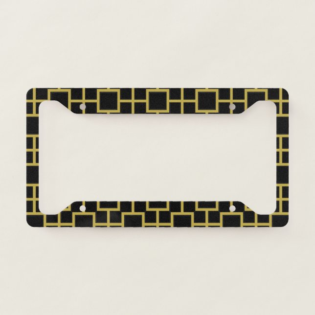 Modern Square Pattern Gold on Black License Plate Frame (Front)