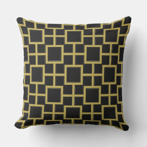 Modern Square Pattern Gold on Black Outdoor Pillow