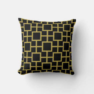 Modern Square Pattern Gold on Black Throw Pillow