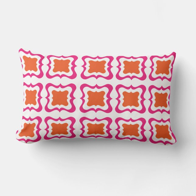 Modern Square Repeat Pattern Hot Pink Orange White Lumbar Pillow (Front)