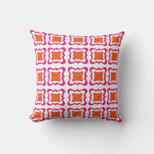 Modern Square Repeat Pattern Hot Pink Orange White Throw Pillow (Front)