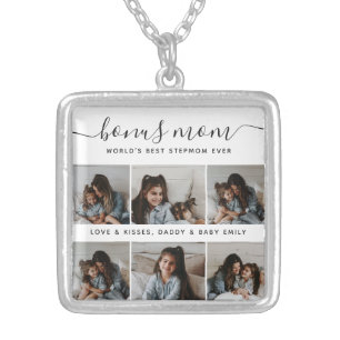 Modern Square Silver Photo Bonus Mom Mothers Day Silver Plated Necklace