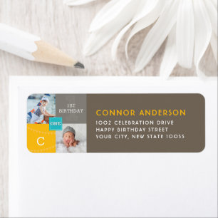 Modern Square Sketch ONE Boy Photo Birthday Party Label