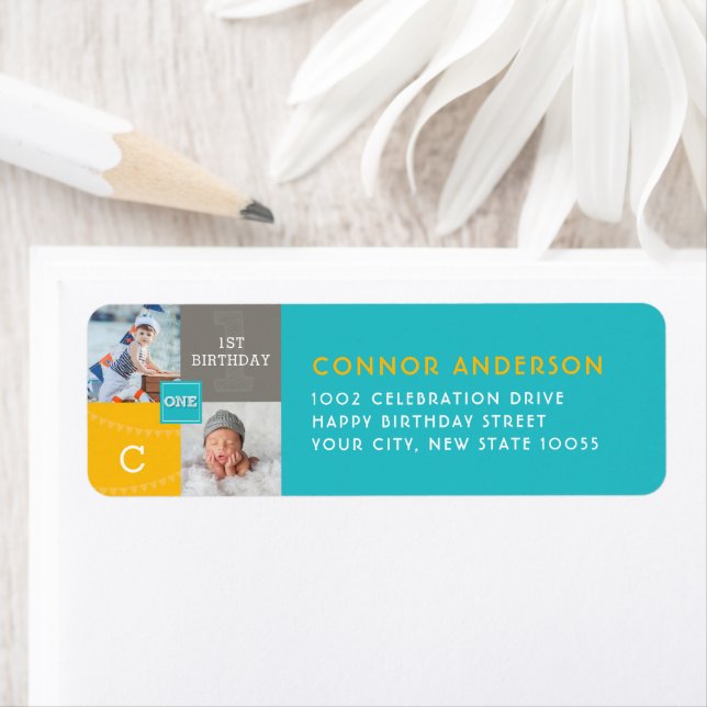 Modern Square Sketch ONE Boy Photo Birthday Party Label (Insitu)