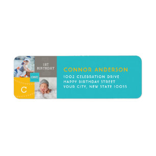 Modern Square Sketch ONE Boy Photo Birthday Party Label