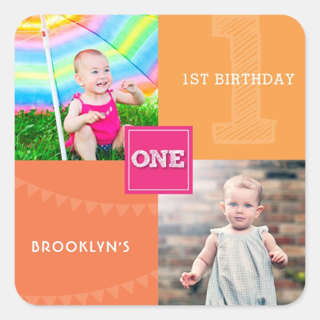 Modern Square Sketch One Girl 1st Birthday Photo Sticker (Front)