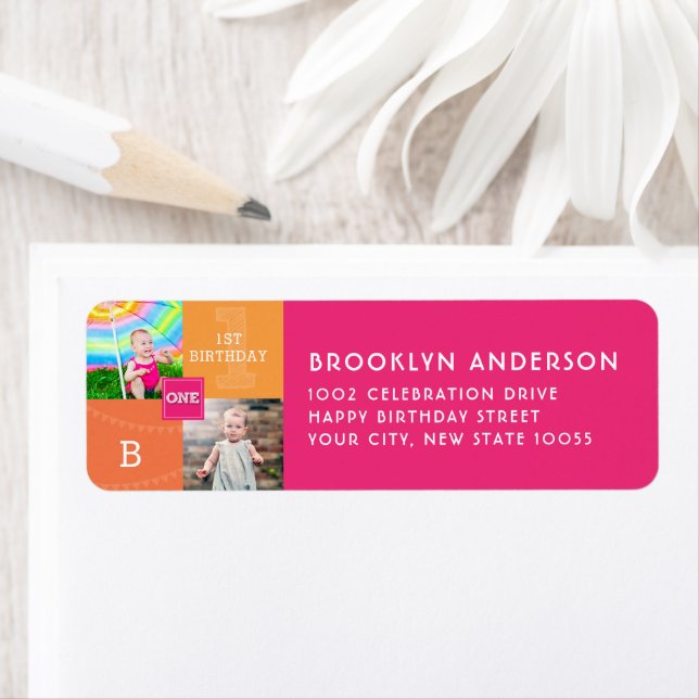 Modern Square Sketch ONE Girl Photo Birthday Party Label (Insitu)