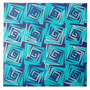 Modern Square Spirals, Navy and Aqua Ceramic Tile