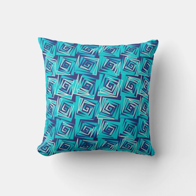 Modern Square Spirals, Navy and Aqua Throw Pillow (Front)