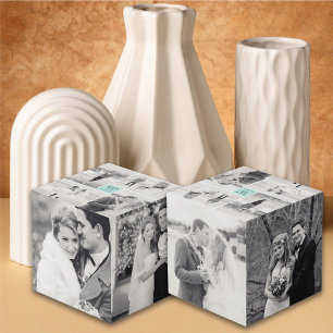 Modern Square Wedding Monogram 8 Photo Collage Cube