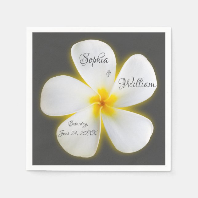 Modern Square White Plumeria Flower, Wedding Napkins (Front)