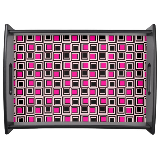 Modern squares, light pink, hot pink and black serving tray (Front)