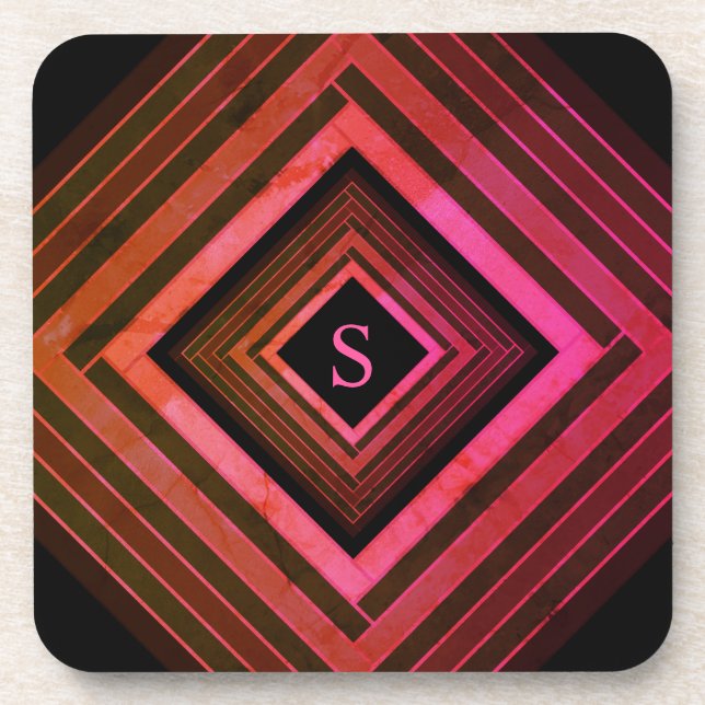 Modern Squares Rustic Pink Geometric Monogram Beverage Coaster (Front)