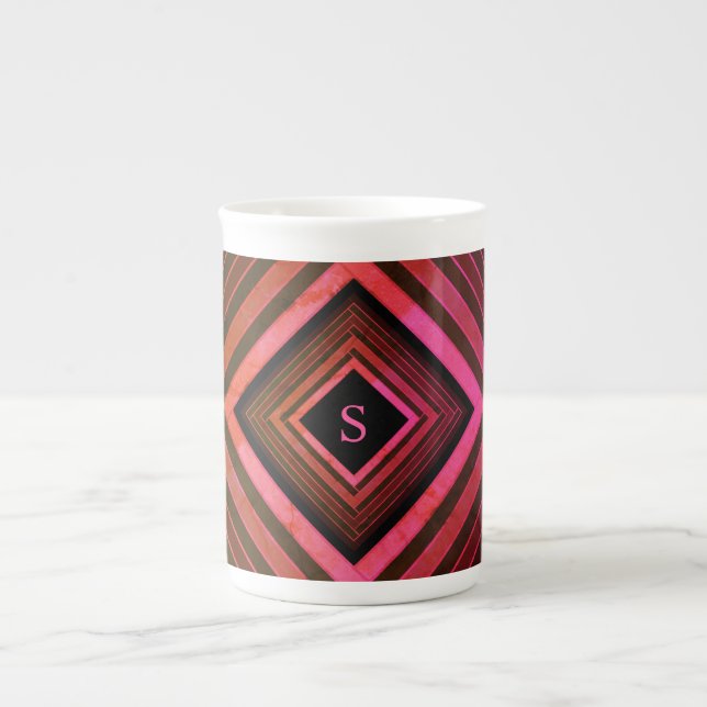 Modern Squares Rustic Pink Geometric Monogram Bone China Mug (Front)