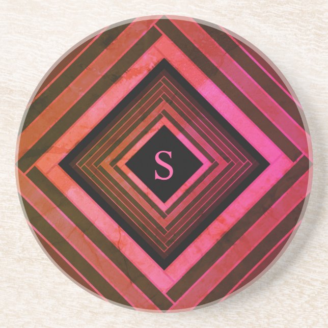 Modern Squares Rustic Pink Geometric Monogram Drink Coaster (Front)