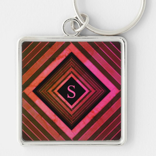 Modern Squares Rustic Pink Geometric Monogram Keychain (Front)