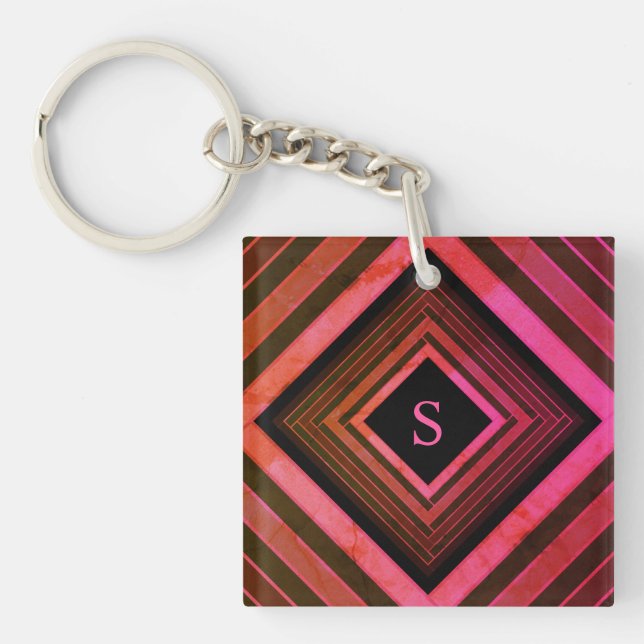 Modern Squares Rustic Pink Geometric Monogram Keychain (Front)