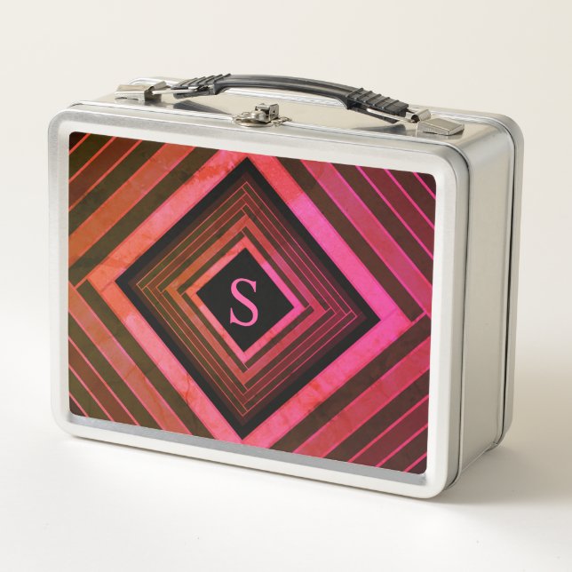 Modern Squares Rustic Pink Geometric Monogram Metal Lunch Box (Front)