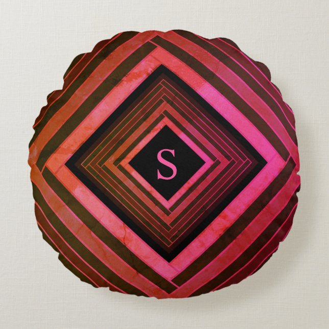 Modern Squares Rustic Pink Geometric Monogram Round Pillow (Front)