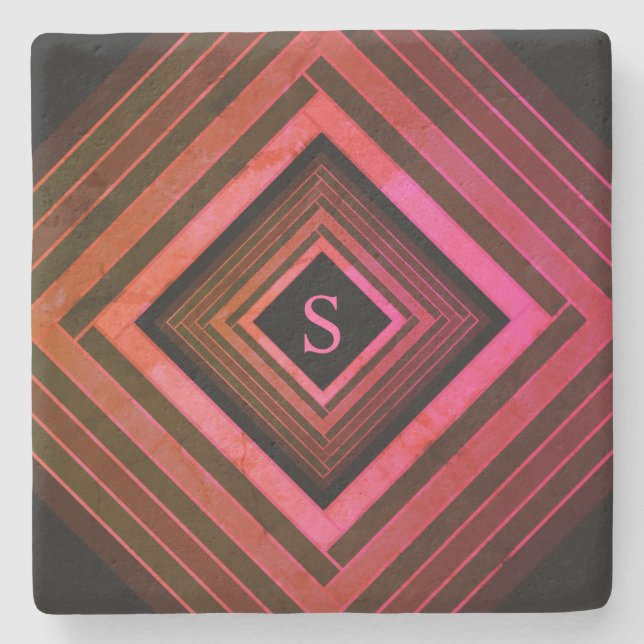 Modern Squares Rustic Pink Geometric Monogram Stone Coaster (Front)