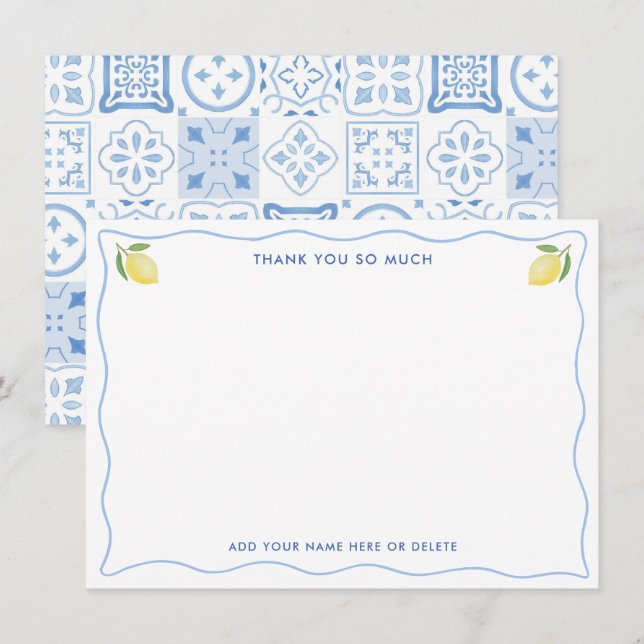 Modern Squiggle Lemons Mediterranean Bridal Shower Thank You Card (Front/Back)