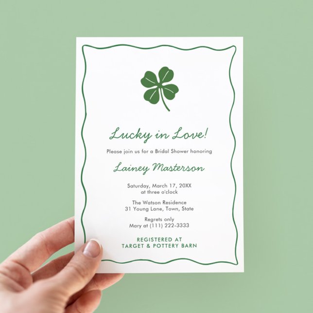 Modern Squiggle St Patricks Day Wedding Shower Invitation (Modern St Patricks Day Bridal Shower invitation with trendy doodle border and hand-drawn shamrock)