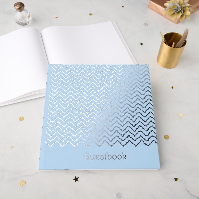 Modern Squiggly Zigzag Chevron Pattern On Blue Foil Guest Book (Front Open)