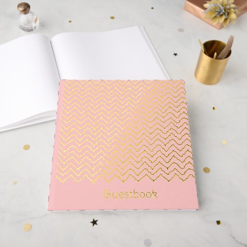 Modern Squiggly Zigzag Chevron Pattern On Pink Foil Guest Book