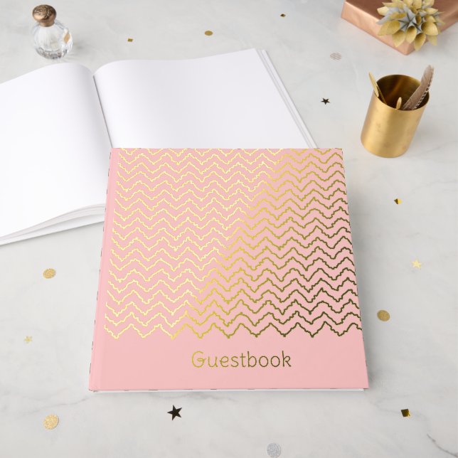 Modern Squiggly Zigzag Chevron Pattern On Pink Foil Guest Book (Front Open)