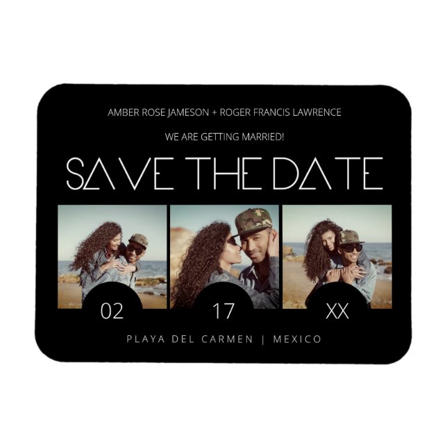 Modern Sript Elegant Romantic Three Photos Engaged Magnet (Horizontal)