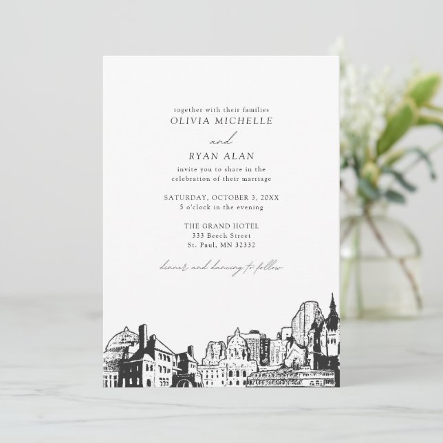Modern St. Paul Skyline Black & White Wedding Invitation (Standing Front)