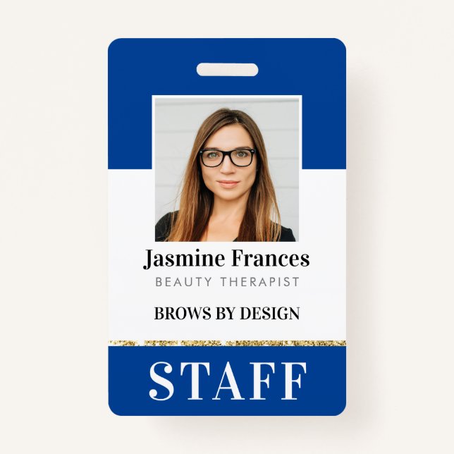 MODERN STAFF PHOTO ID work chic design blue Badge (Front)