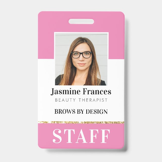MODERN STAFF PHOTO ID work chic design pink Badge (Front)