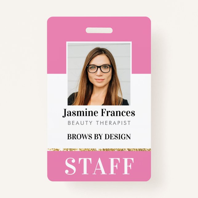 MODERN STAFF PHOTO ID work chic design pink Badge (Front)