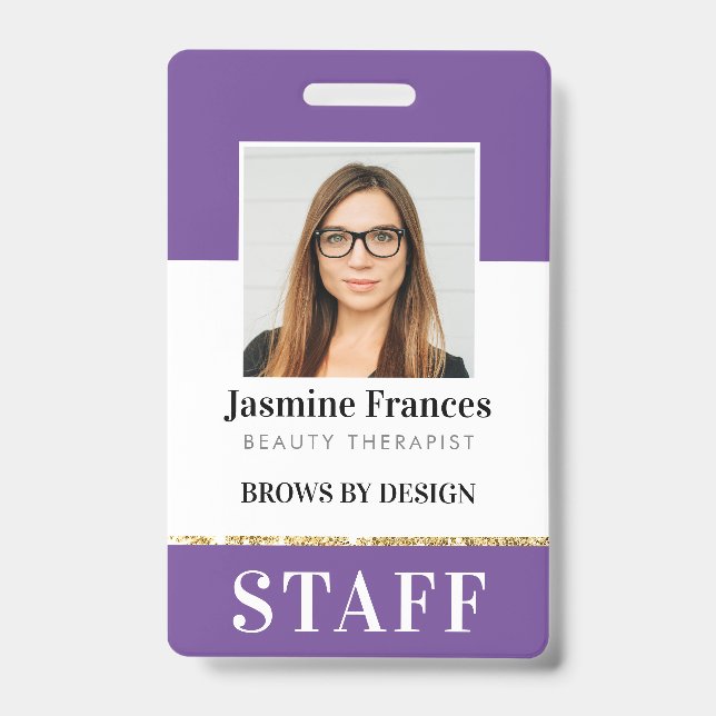 MODERN STAFF PHOTO ID work chic design purple Badge (Front)
