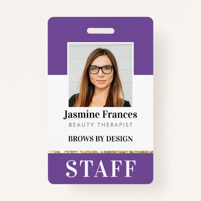 MODERN STAFF PHOTO ID work chic design purple Badge (Front)